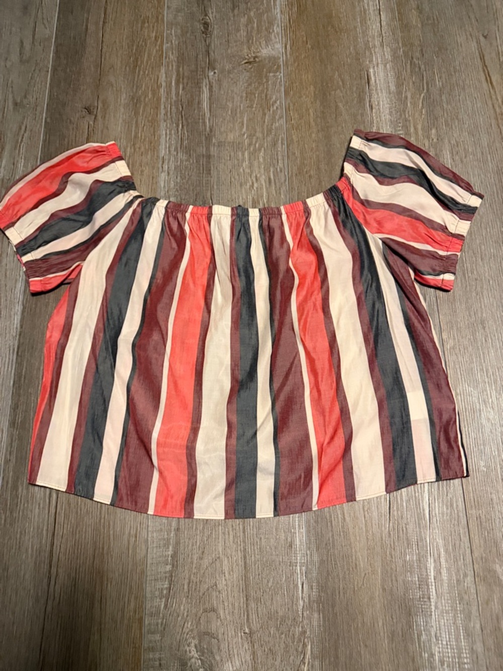 Express Cropped Off-Shoulder Striped Top in Coral, Cream & Navy